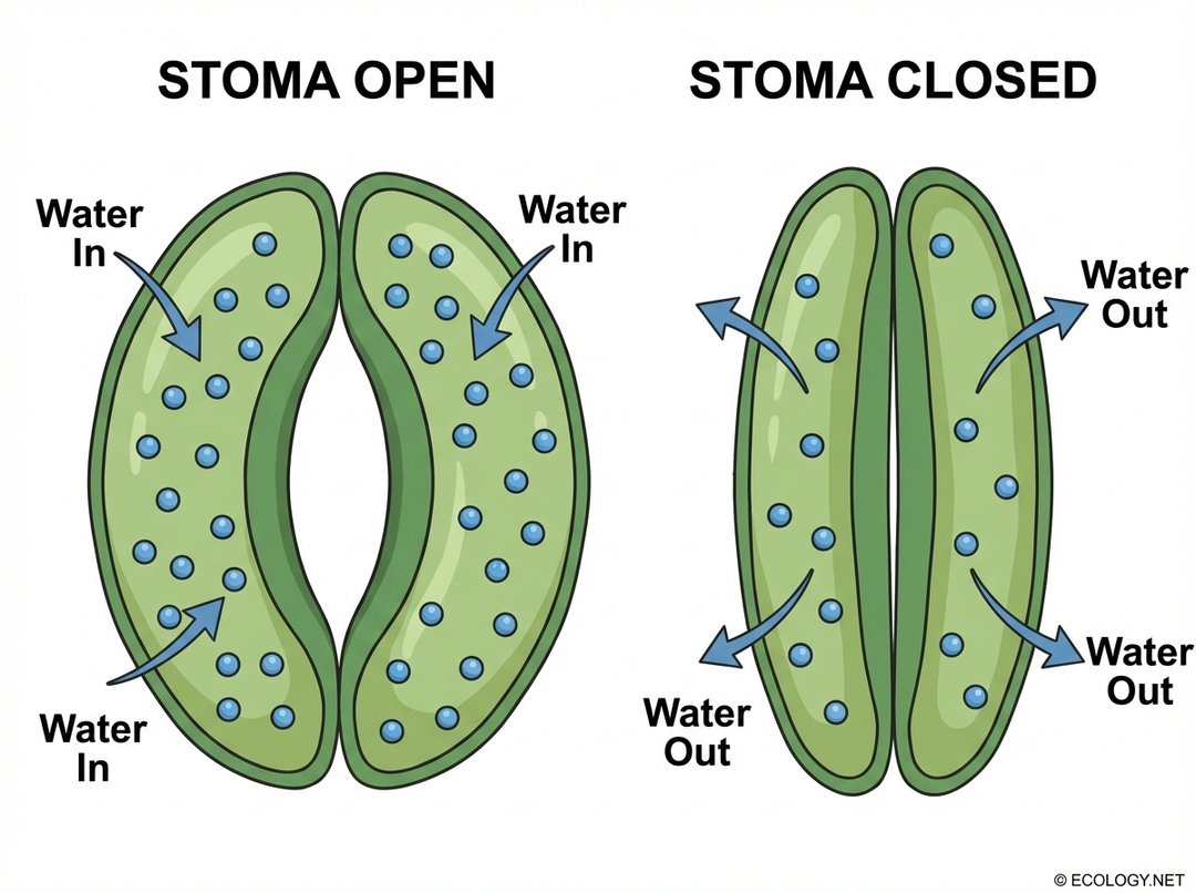 Illustrative diagram showing two states of guard cells: 'Stoma Open' with water in, cells turgid and bowed; 'Stoma Closed' with water out, cells flaccid and straight.