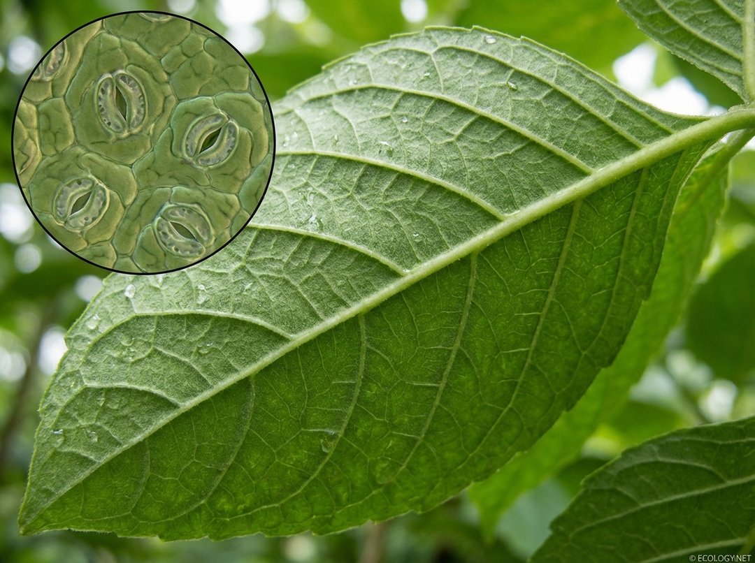 Photo-realistic image of a vibrant green plant leaf underside with a magnified inset showing several open stomata and guard cells.