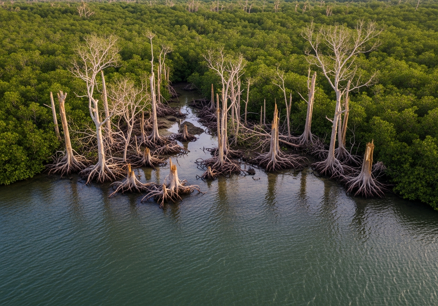 Aerial view of a hurricane-damaged mangrove forest with uprooted trees and newly carved channels through the canopy.
