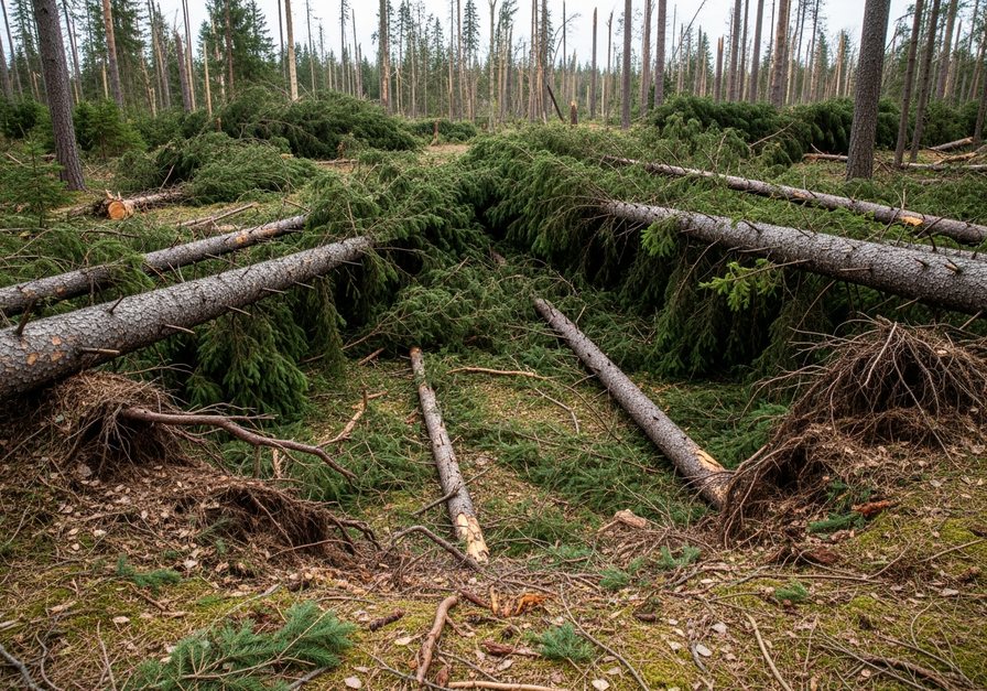 Ground-level view of a boreal forest after a tornado, showing a wide gap with felled spruce and fir trees and scattered debris.