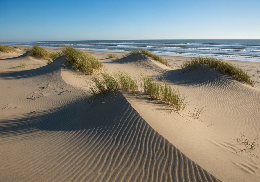 Low-angle photograph of a coastal dune system with rippled surfaces and bent grasses, indicating recent storm activity.