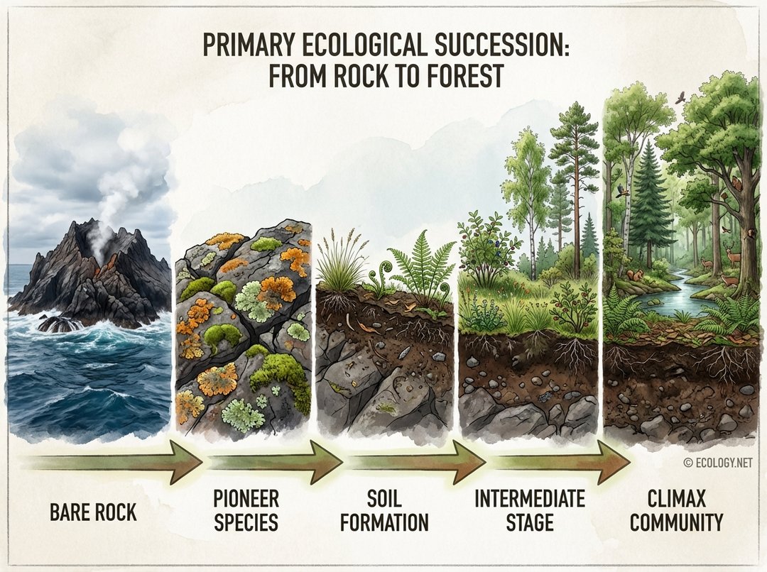 Illustrative diagram showing the stages of primary succession from bare volcanic rock to a mature forest, depicting pioneer species, soil formation, and intermediate stages.