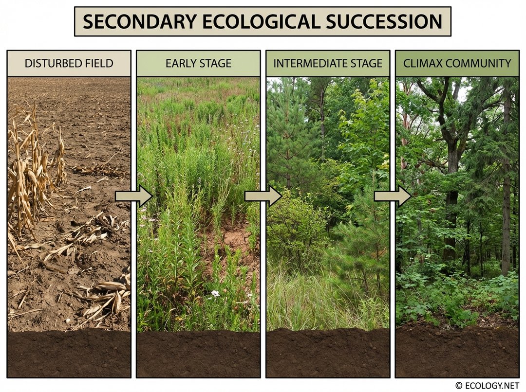 Illustrative diagram showing the stages of secondary succession from a disturbed farm field to a mature forest, depicting early stage weeds, intermediate shrubs, and a climax community.