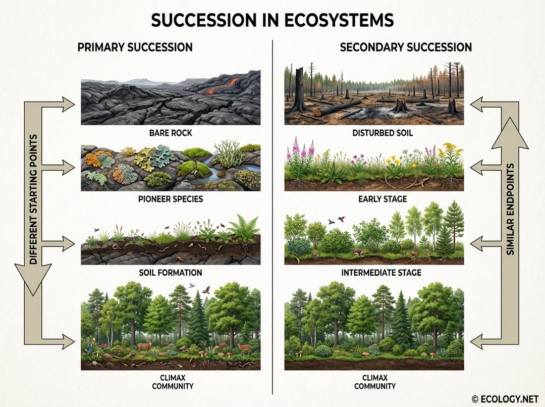 Comparative diagram illustrating primary succession from bare rock to forest on the left, and secondary succession from disturbed soil to forest on the right, highlighting their distinct starting points and shared climax community.