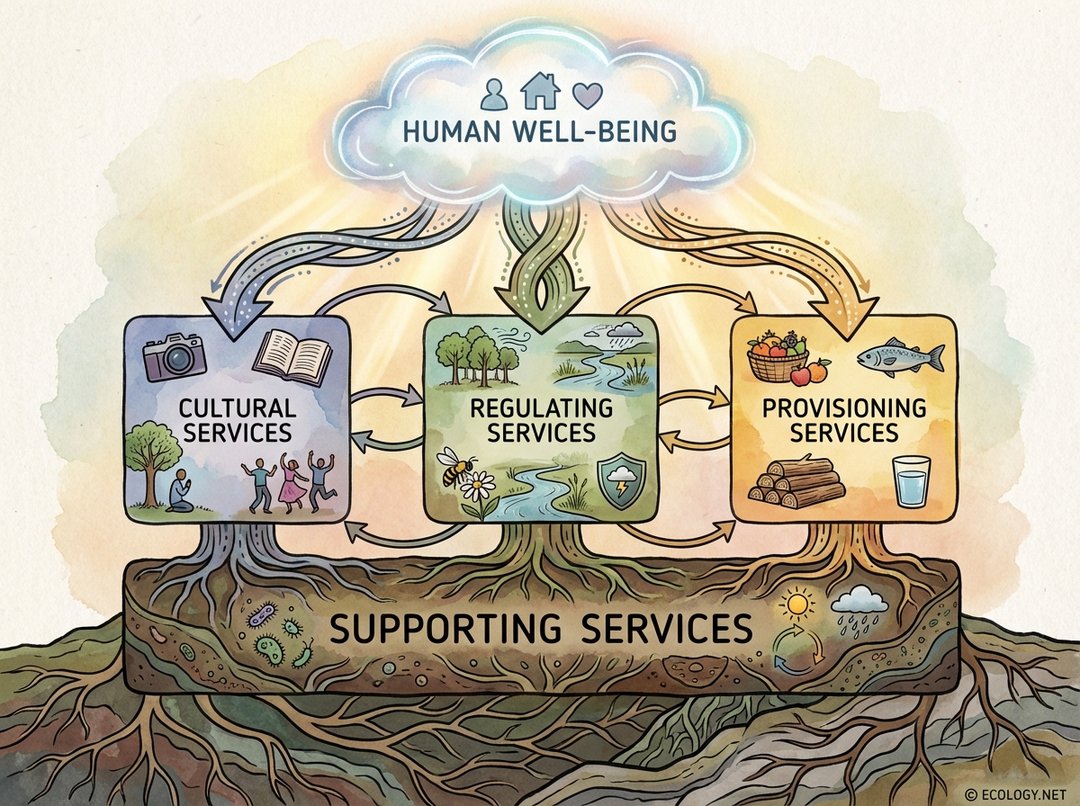 Diagram showing human well-being at the top, supported by cultural, regulating, and provisioning services, which in turn rest on a broad foundation of supporting services.