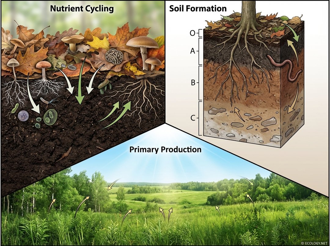 Multi-panel illustration showing nutrient cycling with decomposers, soil formation with layers and organisms, and primary production in a vibrant green landscape.