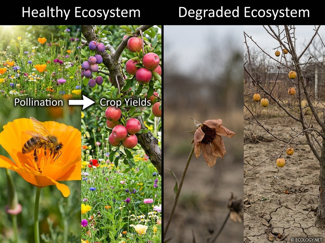 Split-panel image contrasting a healthy garden with a bee pollinating flowers and abundant fruit, against a degraded garden with few pollinators and sparse, unhealthy fruit.