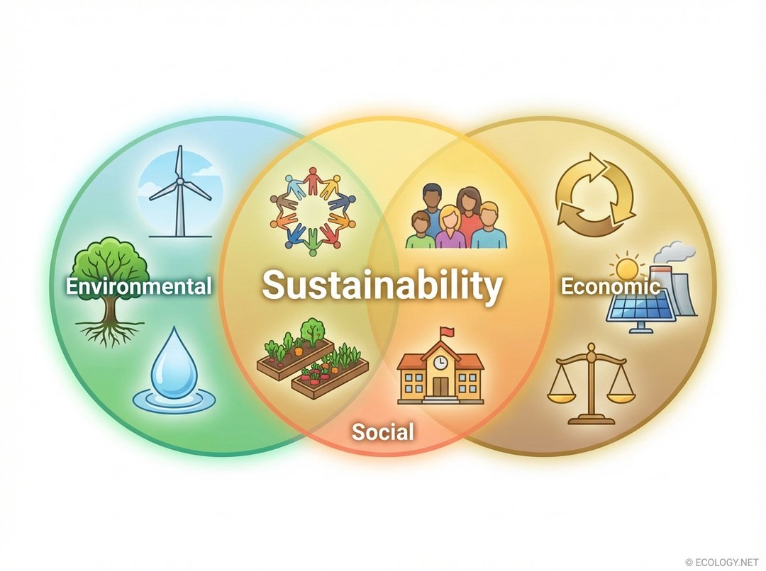 Illustrative diagram showing three interconnected, overlapping pillars representing environmental, social, and economic aspects of sustainability, with 'Sustainability' at their intersection.