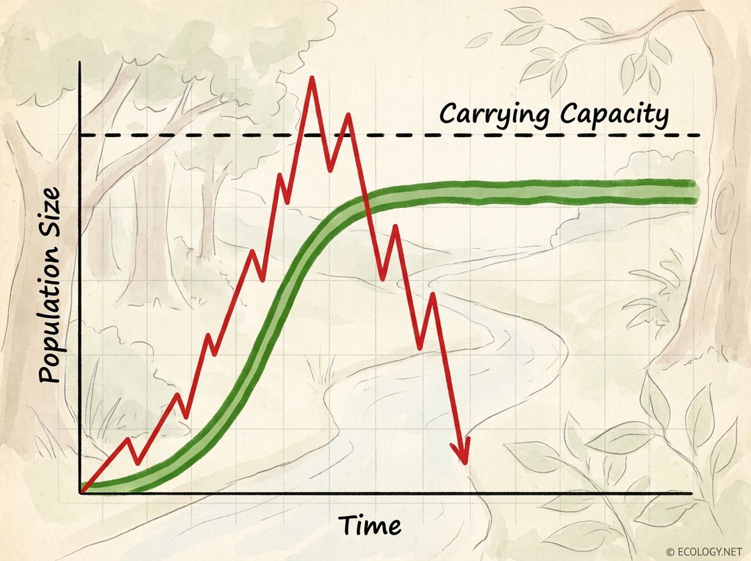 Illustrative line graph showing population size over time. A green line rises and levels off at 'Carrying Capacity', while a red line rises, exceeds carrying capacity, and then sharply declines.