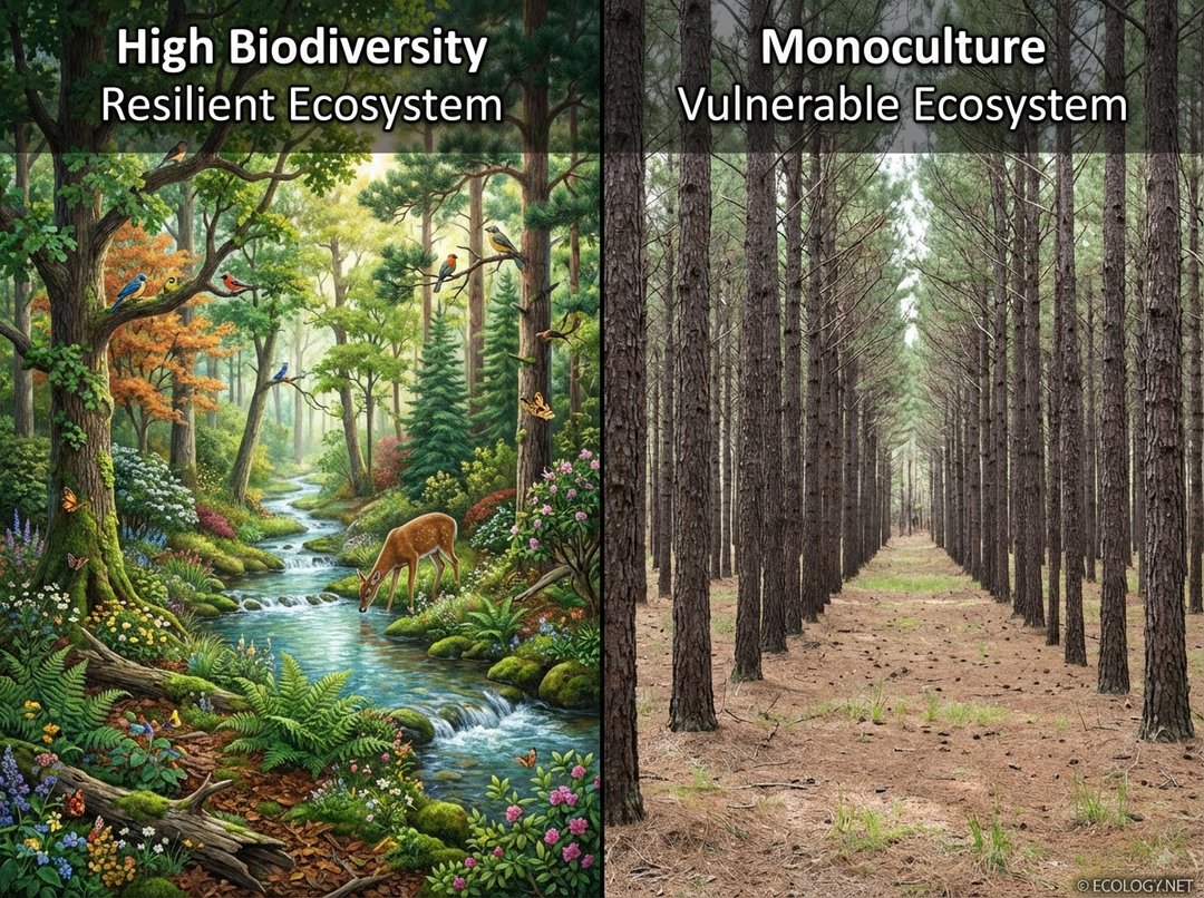 Split image showing a lush, diverse forest on the left labeled 'High Biodiversity' and 'Resilient Ecosystem', contrasted with a uniform monoculture plantation on the right labeled 'Monoculture' and 'Vulnerable Ecosystem'.