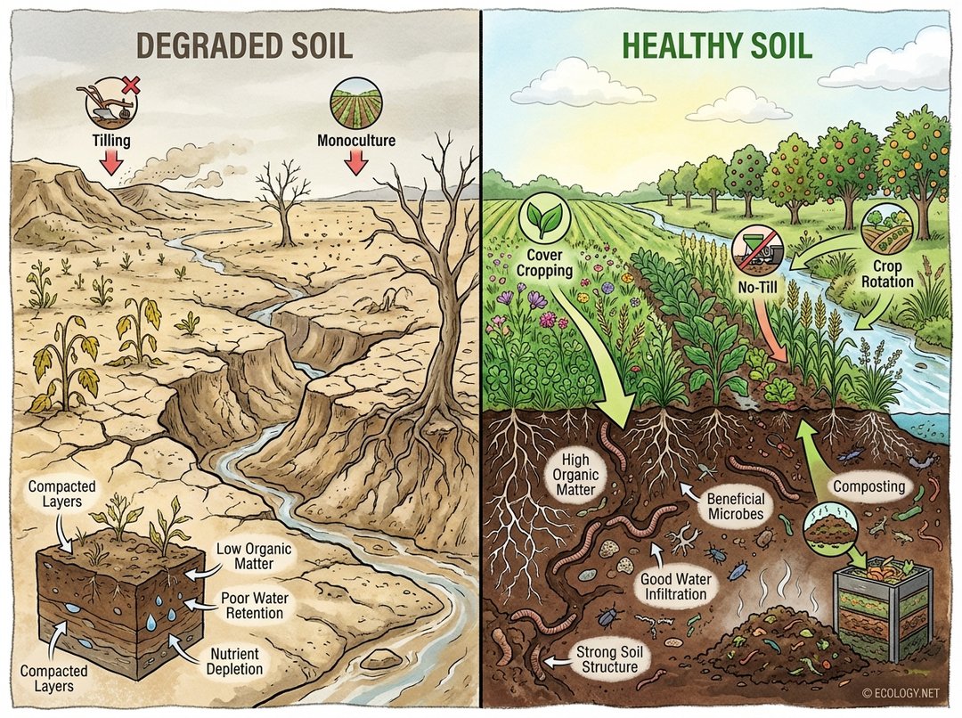 An illustrative diagram contrasting degraded soil with healthy, vibrant soil, showcasing sustainable practices like cover cropping, no-till, composting, and crop rotation.