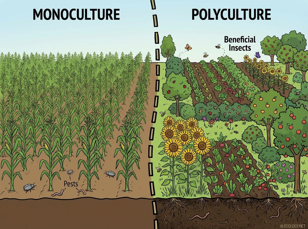 An illustrative diagram comparing a monoculture field with a diverse polyculture field, highlighting beneficial insects, agroforestry, and varied crops.