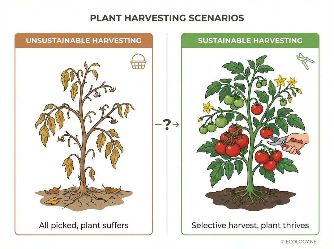 An illustrative diagram comparing unsustainable and sustainable plant harvesting. Unsustainable shows a bare, withered tomato plant after all tomatoes are picked. Sustainable shows a healthy plant with some tomatoes picked, some remaining, and new growth.
