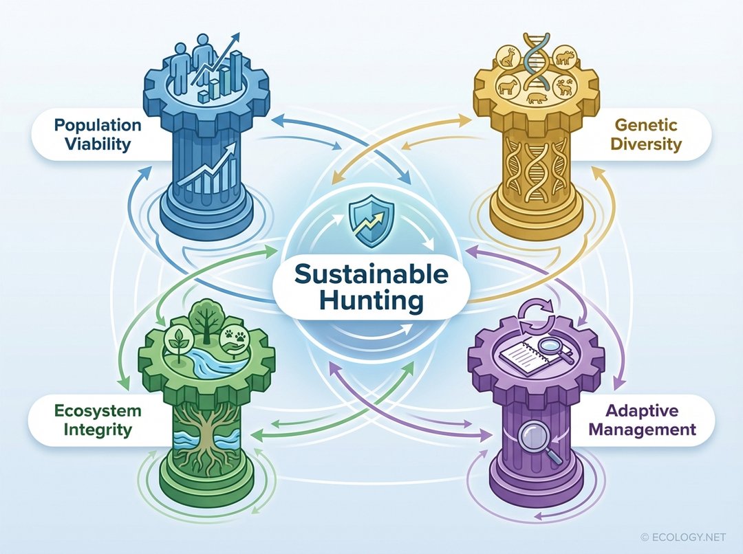 An illustrative diagram showing four interconnected pillars labeled 'Population Viability', 'Genetic Diversity', 'Ecosystem Integrity', and 'Adaptive Management' supporting a central concept of 'Sustainable Hunting'.