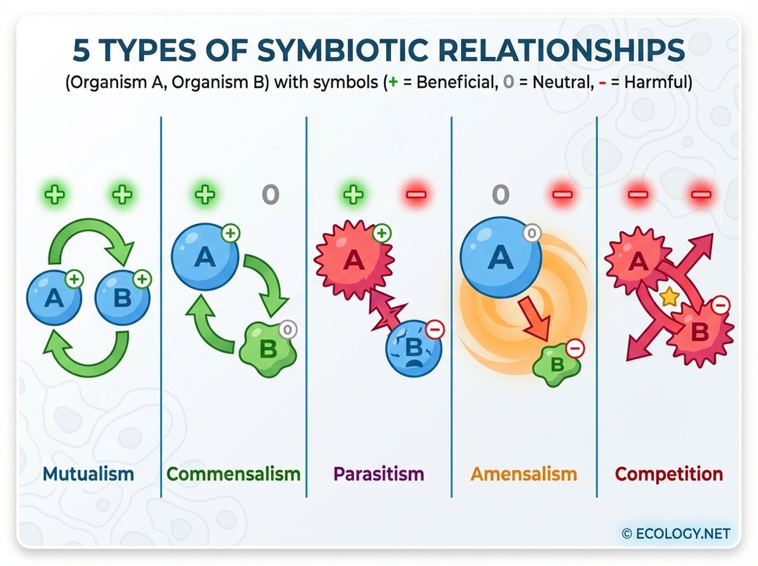 Diagram illustrating five types of symbiotic relationships: mutualism, commensalism, parasitism, amensalism, and competition, with symbols for benefit, harm, or no effect.