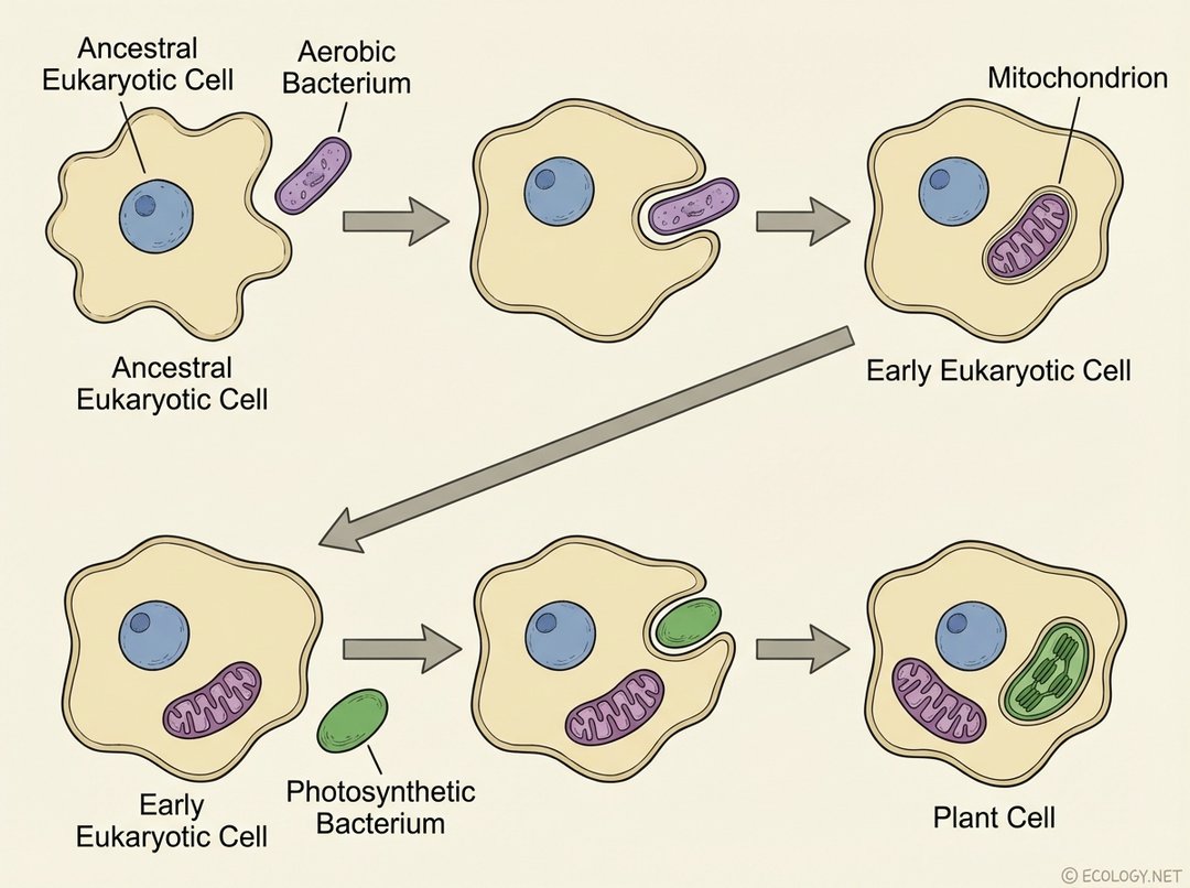 Diagram illustrating the theory of endosymbiosis, showing how eukaryotic cells acquired mitochondria and chloroplasts.