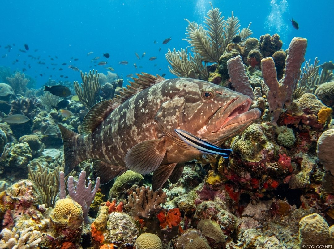 Photo of a cleaner fish removing parasites from a larger grouper in a coral reef, demonstrating mutualism.