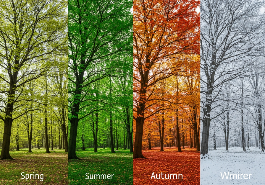 A split-screen image showing a temperate forest through spring, summer, autumn, and winter, highlighting seasonal transformation.