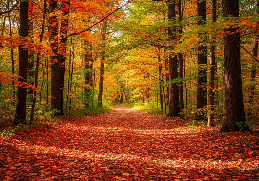 A sunlit forest path covered in red, orange, and golden autumn leaves, lined by tall maple and oak trees.