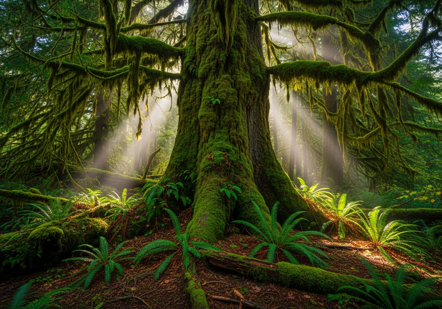 A close-up view of a temperate rainforest interior, featuring a moss-draped Douglas fir amidst mist and shafts of light.