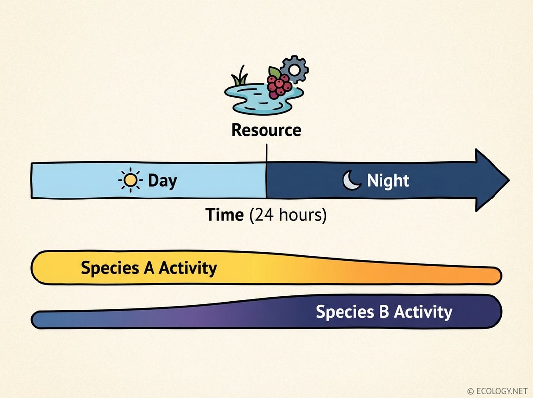 Diagram illustrating temporal partitioning with species A active during day and species B active during night, sharing a resource.