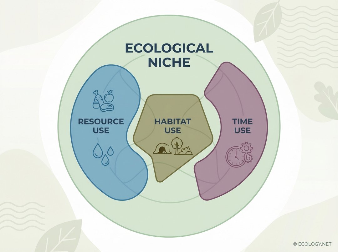 Diagram showing an ecological niche divided into resource use, habitat use, and time use, with a clock icon for time use.