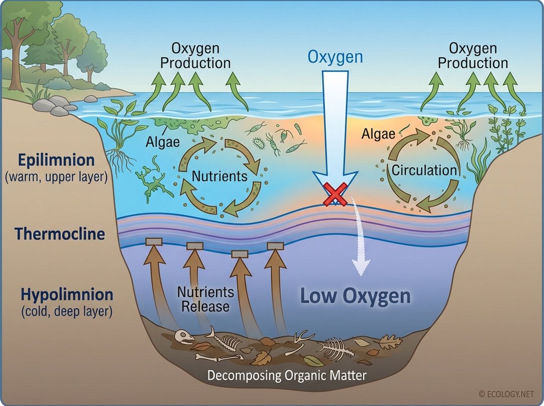 Illustrative diagram showing the impact of thermal stratification on oxygen and nutrient distribution in a lake, with Epilimnion, Thermocline, and Hypolimnion layers.