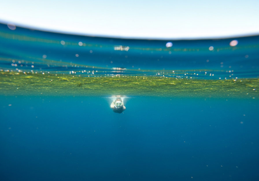 Underwater view of a plankton layer marking a clear thermocline in a still lake.