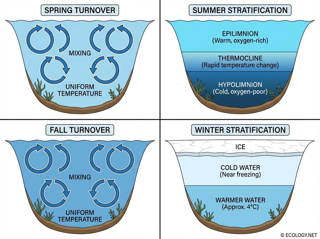 Four-panel diagram illustrating the seasonal turnover cycle of a lake: Spring Turnover, Summer Stratification, Fall Turnover, and Winter Stratification.