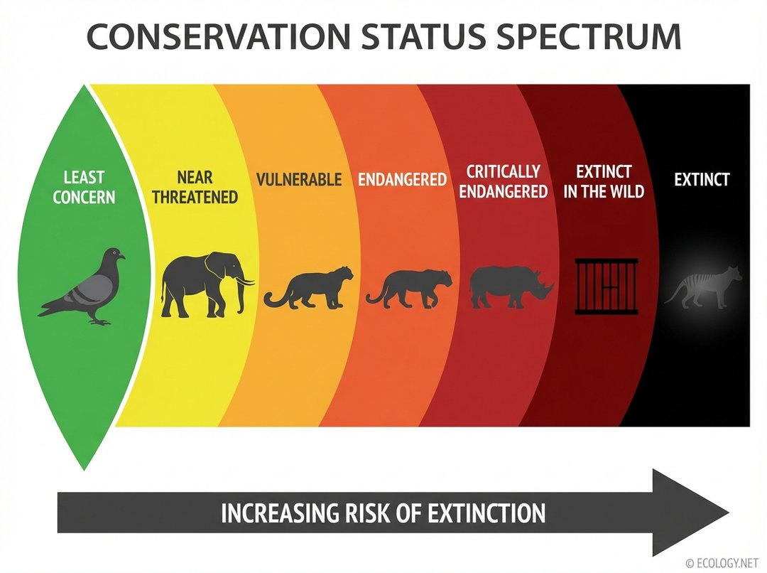 Diagram showing IUCN Red List categories from Least Concern to Extinct, with animal silhouettes illustrating increasing risk.