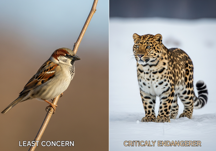 Split-screen image showing a common house sparrow on the left and a critically endangered Amur leopard on the right, illustrating the spectrum of threat levels from least concern to critically endangered.