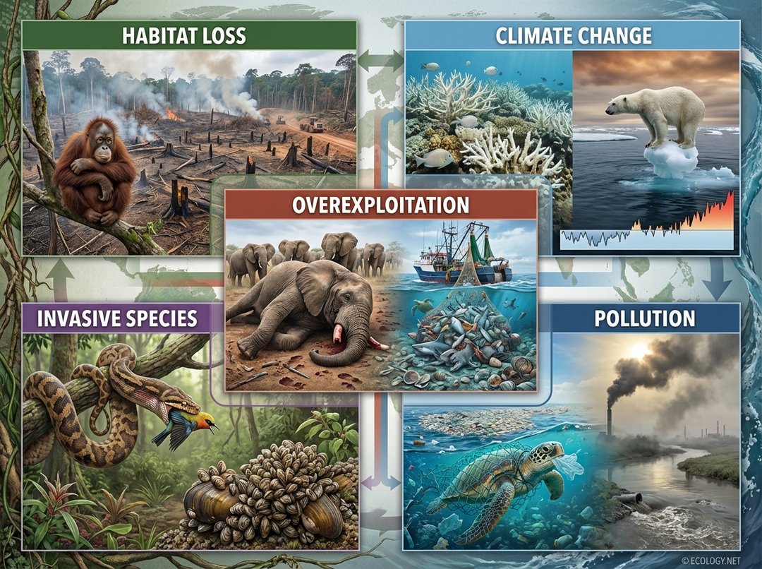 Infographic collage illustrating five main drivers of species threat: Habitat Loss, Climate Change, Overexploitation, Invasive Species, and Pollution.
