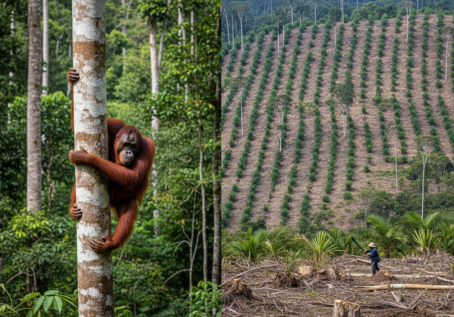 An orangutan in a lush rainforest foreground, with a clear-cut palm oil plantation visible in the background, illustrating severe habitat loss.