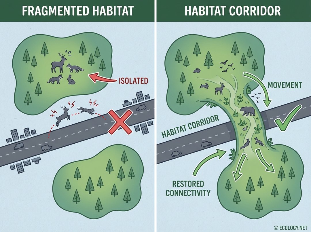 Diagram illustrating habitat fragmentation and the solution of habitat corridors, showing animal movement between connected patches.