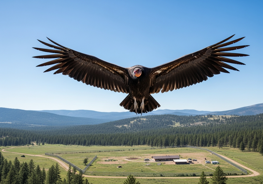 A California condor soaring over a protected national park, with a conservation facility visible in the distance, symbolizing successful species recovery efforts.