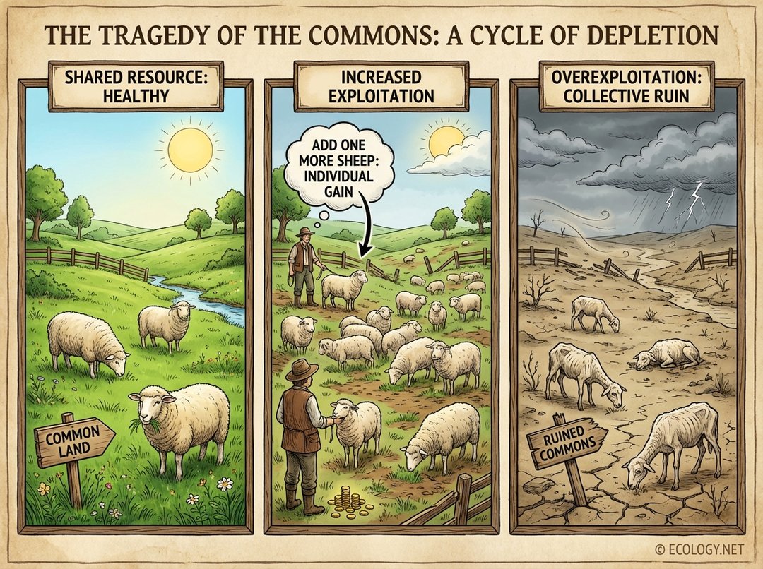 Illustrative diagram showing a lush pasture degrading into barren land due to overgrazing by sheep, depicting the Tragedy of the Commons.