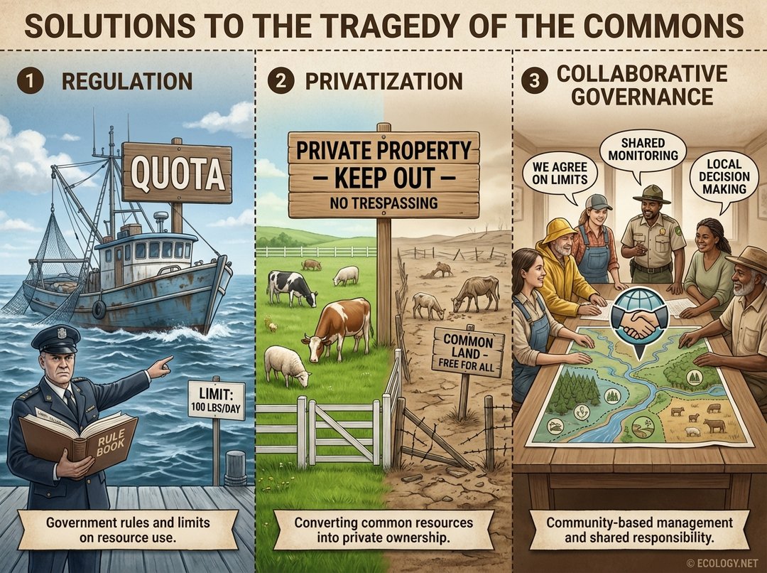 Diagram showing three solutions to the Tragedy of the Commons: government regulation with quotas, private property with fences, and collaborative governance through community discussion.