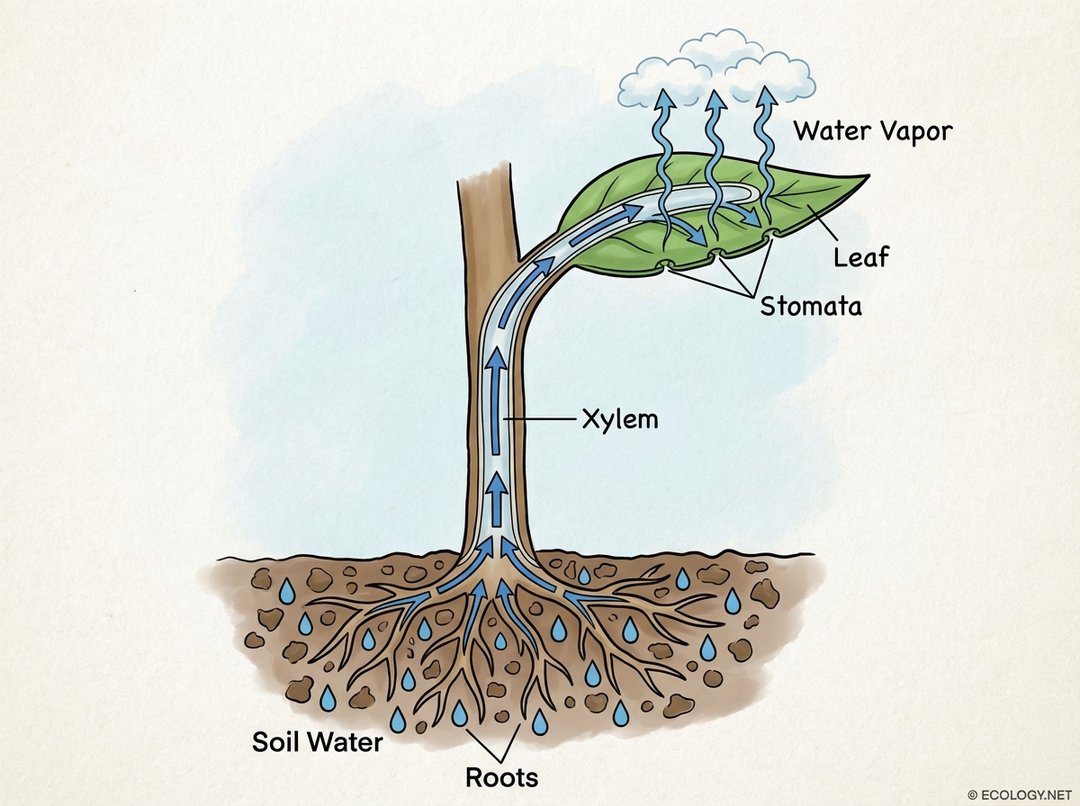 Diagram illustrating the transpiration stream, showing water absorption by roots, movement through xylem, and evaporation from leaves as water vapor.