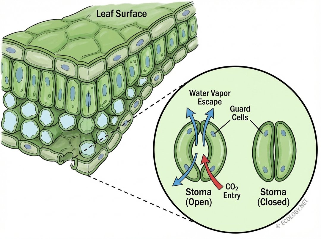 Cross-section diagram of a leaf showing open and closed stomata with guard cells, illustrating water vapor escape and CO2 entry.