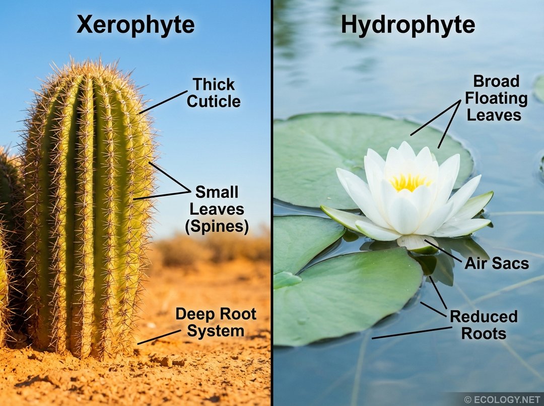 Comparison of a xerophyte cactus in a dry environment and a hydrophyte water lily in an aquatic environment, highlighting their adaptations.