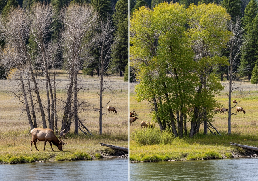 Split-screen showing a barren, overgrazed Yellowstone riverbank before wolf reintroduction and a lush, verdant riverbank after, illustrating ecological recovery.