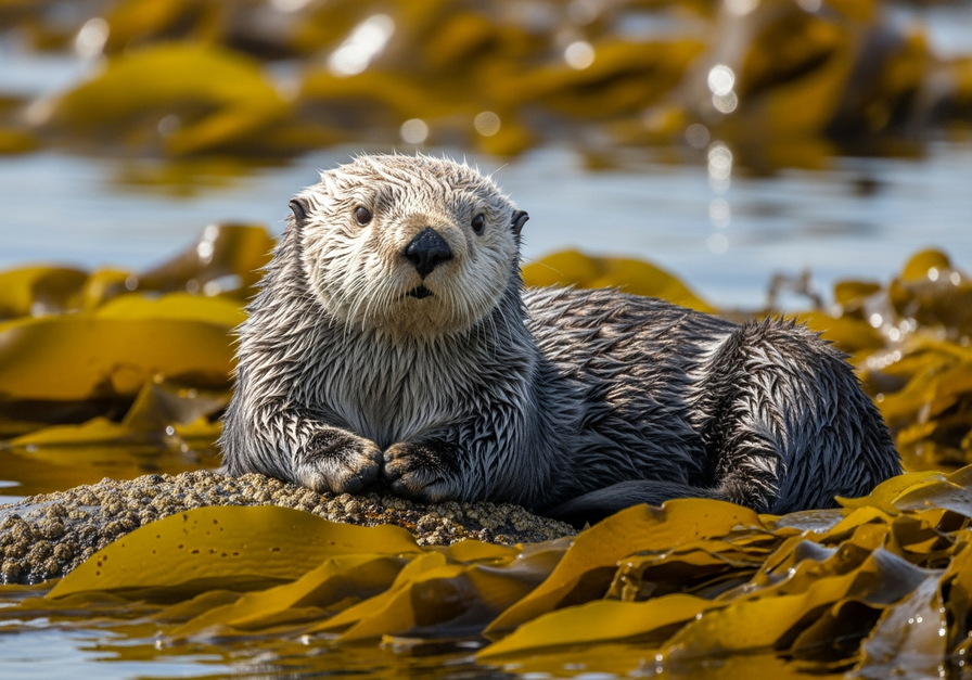 Close-up of a sea otter resting among dense, healthy kelp fronds in clear ocean water, demonstrating its role in maintaining kelp forest ecosystems.