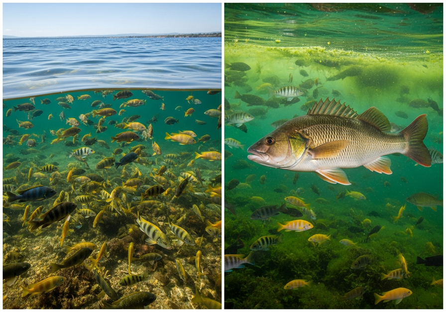 Split-screen showing a vibrant Lake Victoria shoreline with diverse cichlid fish before Nile perch introduction and a greenish, algae-blooming lake dominated by Nile perch after, indicating ecological imbalance.