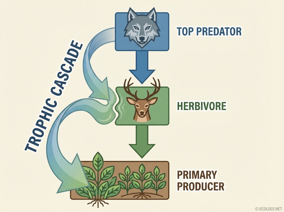 Diagram illustrating a trophic cascade with a wolf (top predator), deer (herbivore), and plants (primary producer) showing downward feeding impacts.
