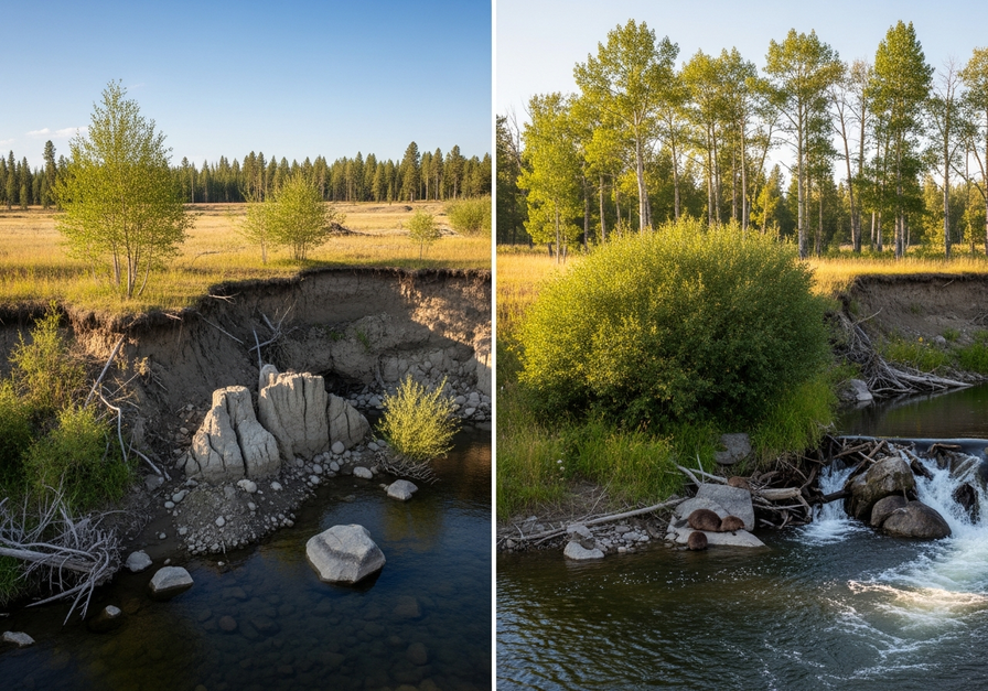 Split-screen image showing a degraded riverbank on the left and a restored, lush riverbank with beavers on the right, illustrating the impact of wolf reintroduction in Yellowstone.