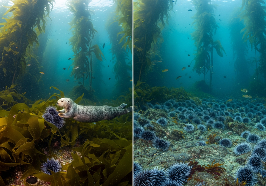 Split-screen underwater image showing a vibrant kelp forest with a sea otter on the left and an urchin barren on the right, demonstrating the impact of sea otters on kelp ecosystems.
