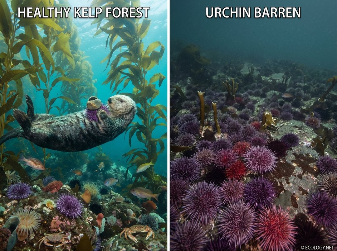 Split image showing a healthy kelp forest with sea otters and an urchin barren, illustrating the impact of sea otters.