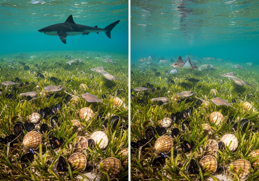 Split-screen image showing a healthy seagrass bed with sharks and shellfish on the left, and a degraded seagrass bed with abundant rays and decimated shellfish on the right, illustrating the impact of shark presence.