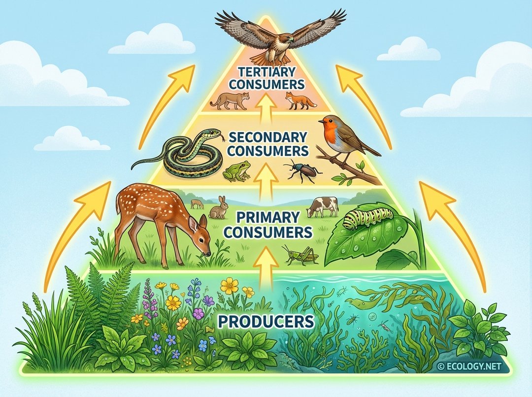An illustrative diagram of a vibrant, multi-layered trophic pyramid showing producers, primary, secondary, and tertiary consumers with examples and energy flow arrows.