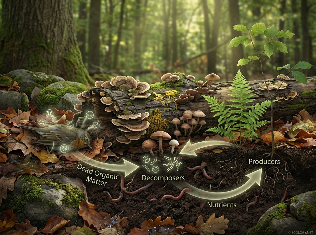 A photo-realistic illustration depicting decomposers like fungi, bacteria, and earthworms breaking down dead organic matter and returning nutrients to the soil.